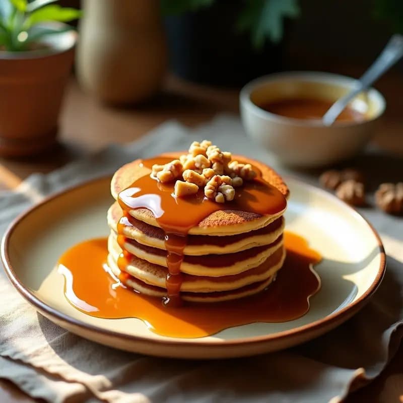 Plato de pancakes dorados de mijo y plátano apilados, bañados con salsa de caramelo salado brillante y decorados con nueces picadas. Receta africana sin harina, servida en un plato de barro con fondo rústico.