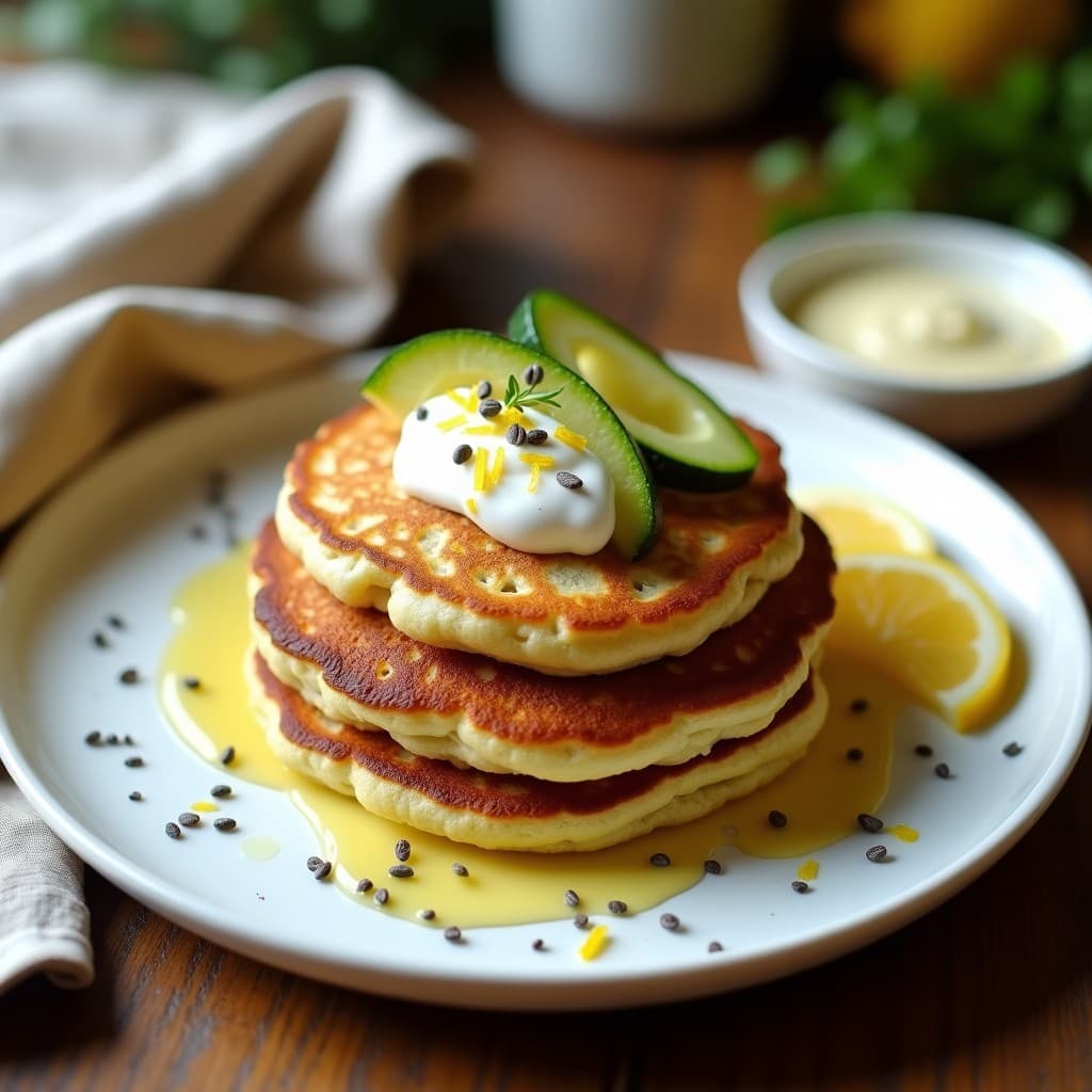 Pila de pancakes dorados de quinoa y zucchini con textura esponjosa, servidos en un plato blanco con salsa cremosa de yogur griego y miel, decorados con semillas de chía y rodajas de limón. Desayuno sin gluten saludable y apetitoso.