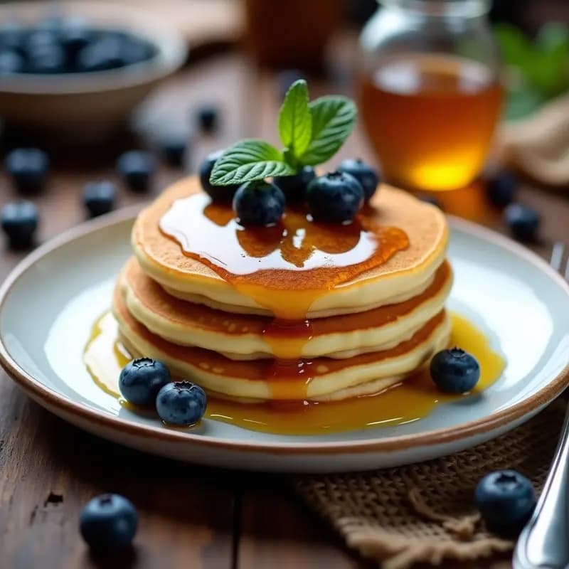 Plato de pancakes rusos dorados de requesón con arándanos frescos y un hilo de miel de abeto, desayuno eslavo alto en proteína y sin harina.