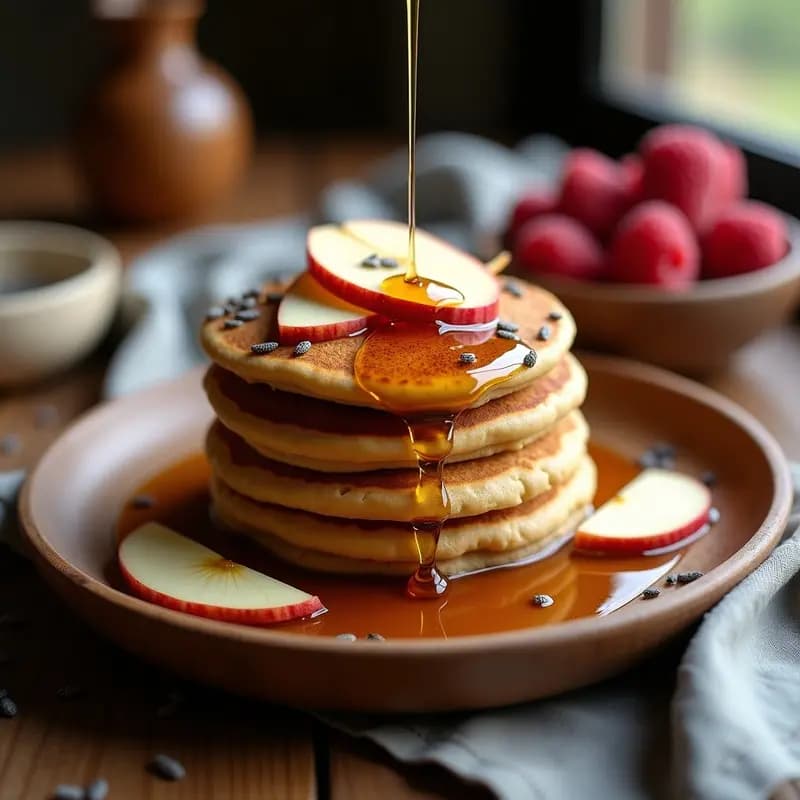 Pila de pancakes dorados de trigo sarraceno con sirope de arce vertido encima, decorados con semillas de chía y rodajas de manzana, sobre un plato rústico de madera con fondo de cocina tradicional rusa.