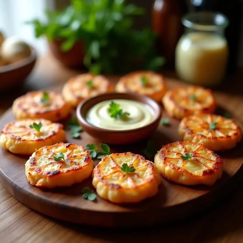 Panecillos de chicharón dorados y crujientes servidos en un plato de barro rústico, con trozos de cebolla morada asomando y perejil fresco espolvoreado. Tapa andaluza tradicional.