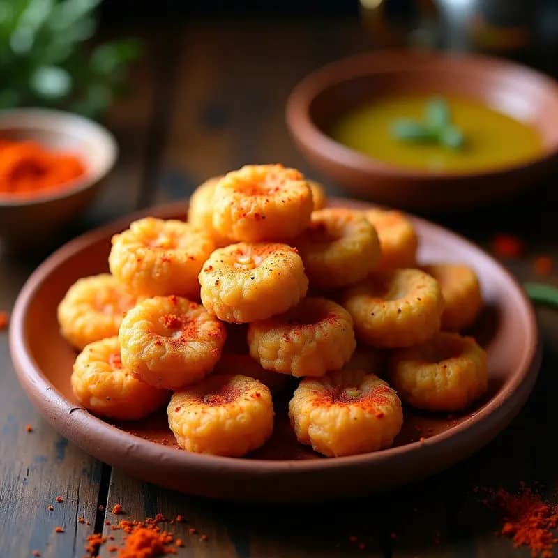 Panecillos de chicharrones dorados y crujientes apilados en un plato de barro rústico, con virutas de pimentón espolvoreado por encima. Receta tradicional andaluza de aperitivo de aprovechamiento.