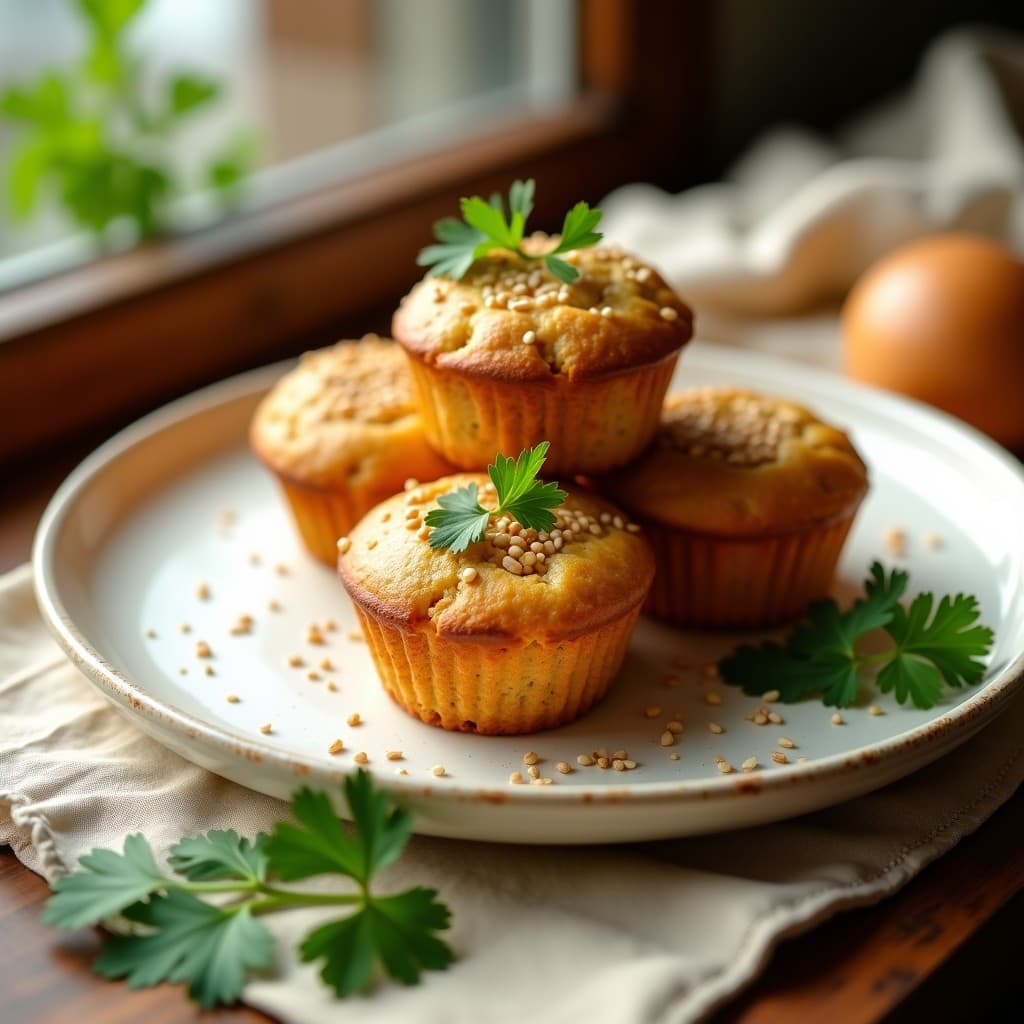 Panecillos dorados de harina de garbanzo y semillas de lino apilados en un plato de madera rústico, con textura esponjosa y semillas visibles, acompañados de perejil fresco y un cuenco de hummus al fondo. Receta vegana sin horno y sin gluten.