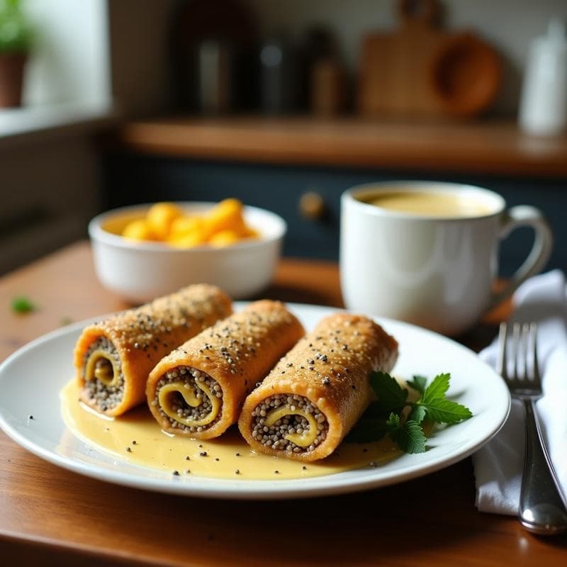 Panecillos dorados y esponjosos de psyllium y semillas de chía con vetas crujientes, servidos en un plato de madera con mantequilla de anacardo cremosa al lado. Desayuno keto sin harina.