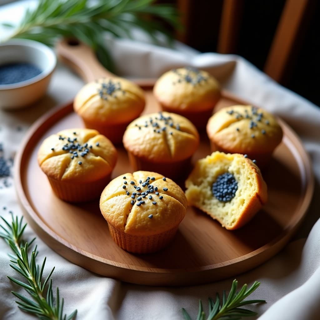 Panecillos dorados de harina de teff con semillas de amapola esparcidas por encima, servidos en una tabla de madera rústica con un paño de lino. Receta etíope sin gluten y alta en fibra, ideal para desayunos saludables.
