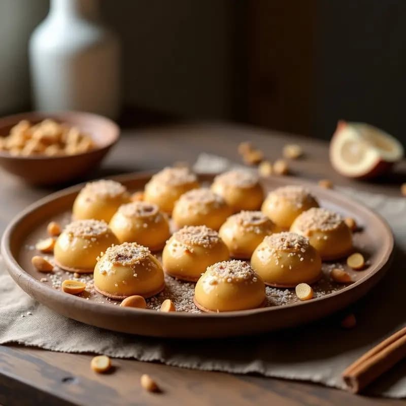 Panellets catalanes tradicionales de almendra y piñones sin horno, dispuestos en bandeja rústica de madera con glaseado blanco y toques de canela, típicos del postre de Todos los Santos.