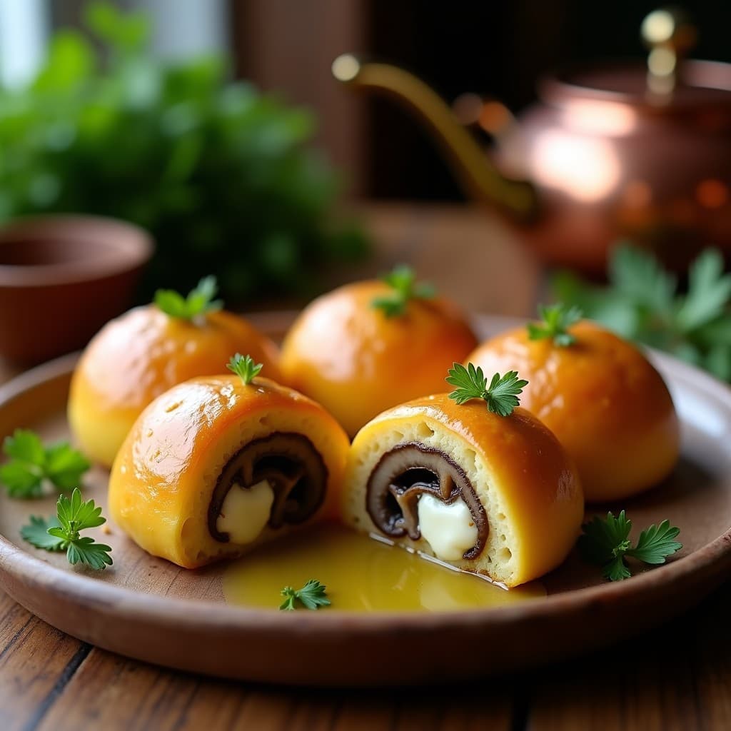 Panes dorados de yuca rellenos de hongos mori y queso de cabra, con textura crujiente por fuera y esponjosa por dentro, servidos sobre un plato de madera rústico con hierbas frescas y un fondo borroso de cocina gourmet.