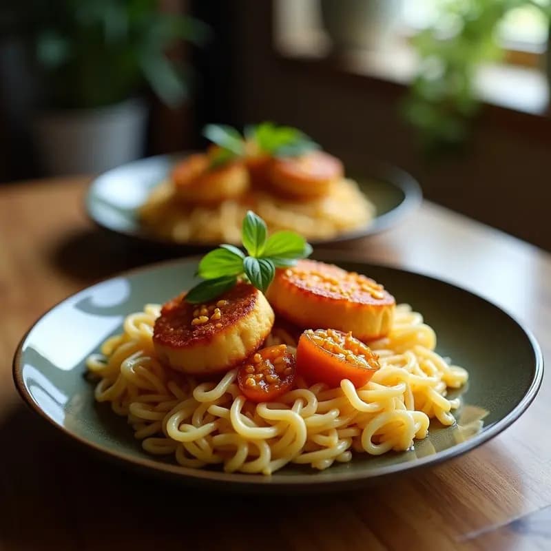 Pangsit goreng indomesio dorados y crujientes dispuestos en una fuente de bambú, con relleno de tofu y repollo asomando. Acompañados de hojas de cilantro fresco y salsa de soja en un pequeño bol. Foto con fondo oscuro y luz cálida que resalta los colores morados del repollo y el dorado de la masa.