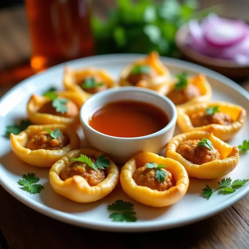 Plato blanco con Pani Puri abiertos, rellenos de patata especiada y cebolla morada, bañados en agua de tamarindo dorada. Decorados con cilantro fresco y menta, sobre fondo rústico de madera.