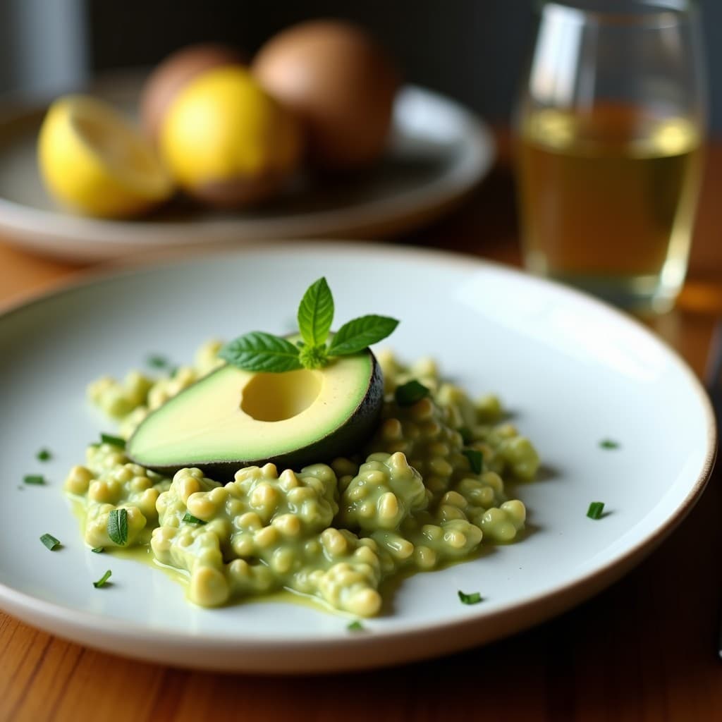 Panna Cotta vegana de aguacate y limón servida en copas de cristal transparente, con textura cremosa y color verde pálido, decorada con virutas de limón y hojas de menta sobre un fondo de madera clara.