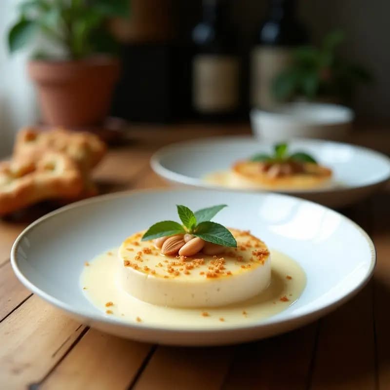 Panna cotta cremosa y suave en copa de cristal, acompañada de coulis de frambuesa brillante y frambuesas frescas enteras. Postre keto sin lácteos con textura sedosa y color blanco marfil.