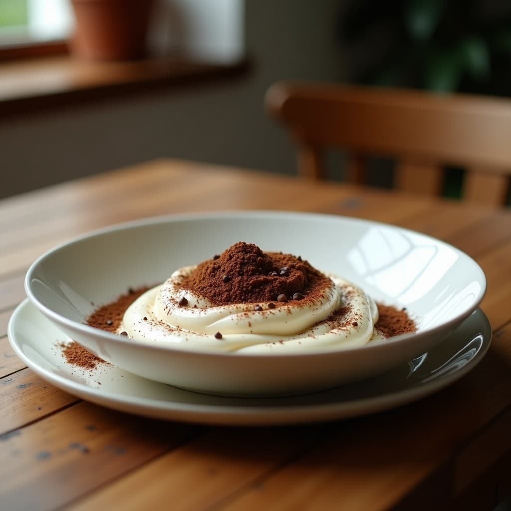 Panna cotta de café y especias con coulis de dátiles sin azúcar: postre italiano cremoso en copa de cristal, coronado con salsa oscura brillante de dátiles y decorado con almendras tostadas, sobre fondo rústico de madera.