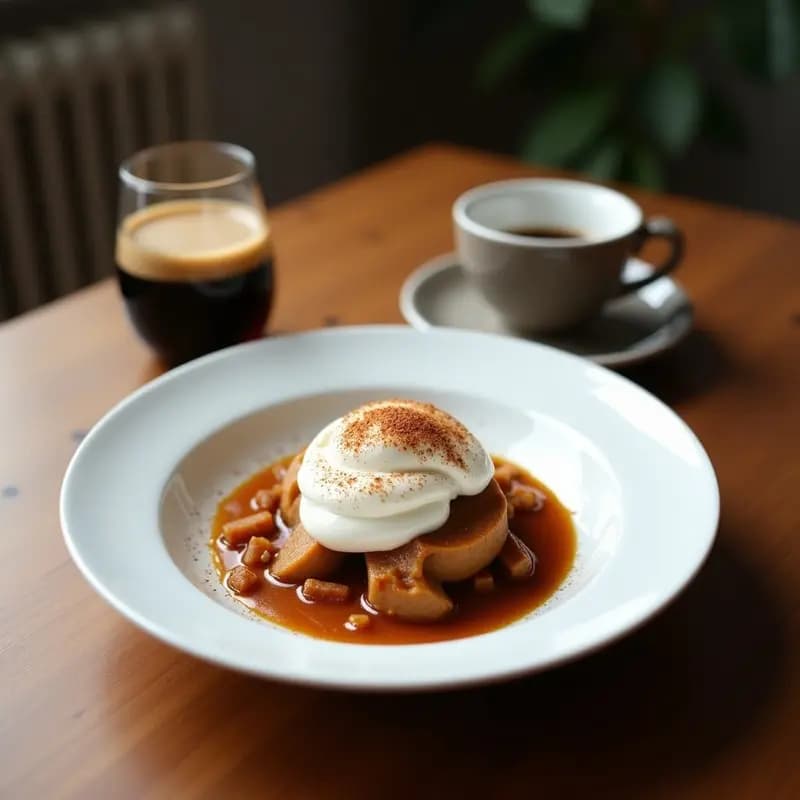 Panna cotta de café con salsa de chocolate amargo servida en plato blanco: base cremosa y suave de color beige claro, bañada con salsa de chocolate negro brillante, decorada con virutas de chocolate y granos de café. Postre italiano sin lácteos.