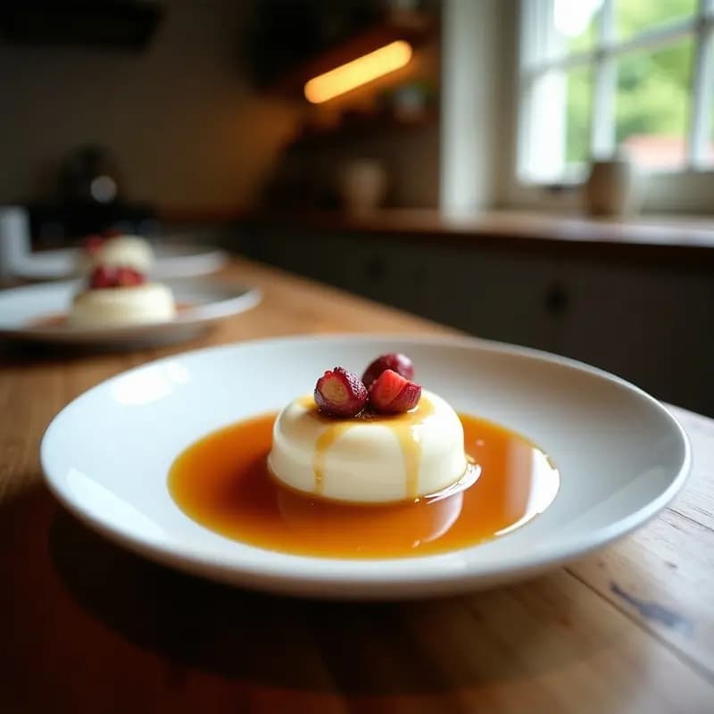 Panna Cotta de Coco y Lichi en copa de cristal, con trozos de lichi fresco y hoja de menta como decoración. Textura cremosa y color blanco marfil, fondo borroso con elementos rurales.