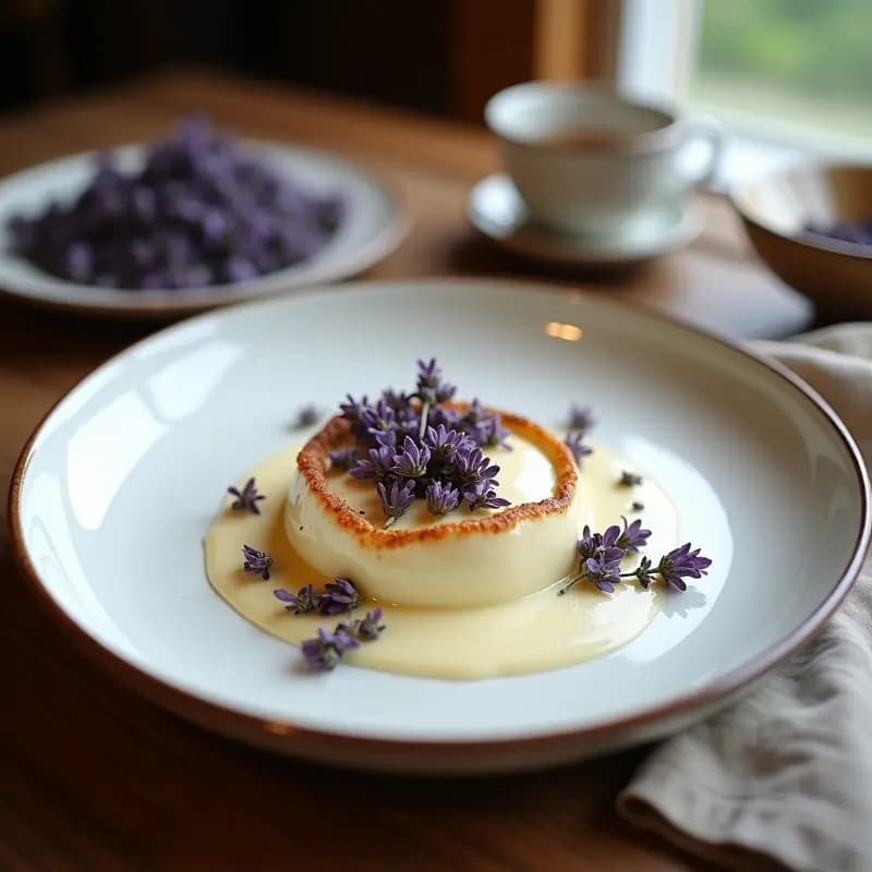 Panna cotta vegana sin lactosa en copa de cristal transparente, con capas cremosas y superficie lisa. Decorada con frambuesas frescas, hojas de menta y pétalos de lavanda. Fondo borroso con tonos pastel para resaltar el postre francés elegante.