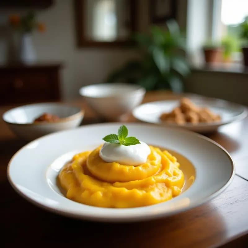 Panna cotta de mango y chili sin lácteos en copa de cristal transparente, con textura sedosa y color amarillo pálido, decorada con cubos de mango fresco, espolvoreada de chili en polvo y hojas de menta, sobre fondo rústico de madera con luz natural.