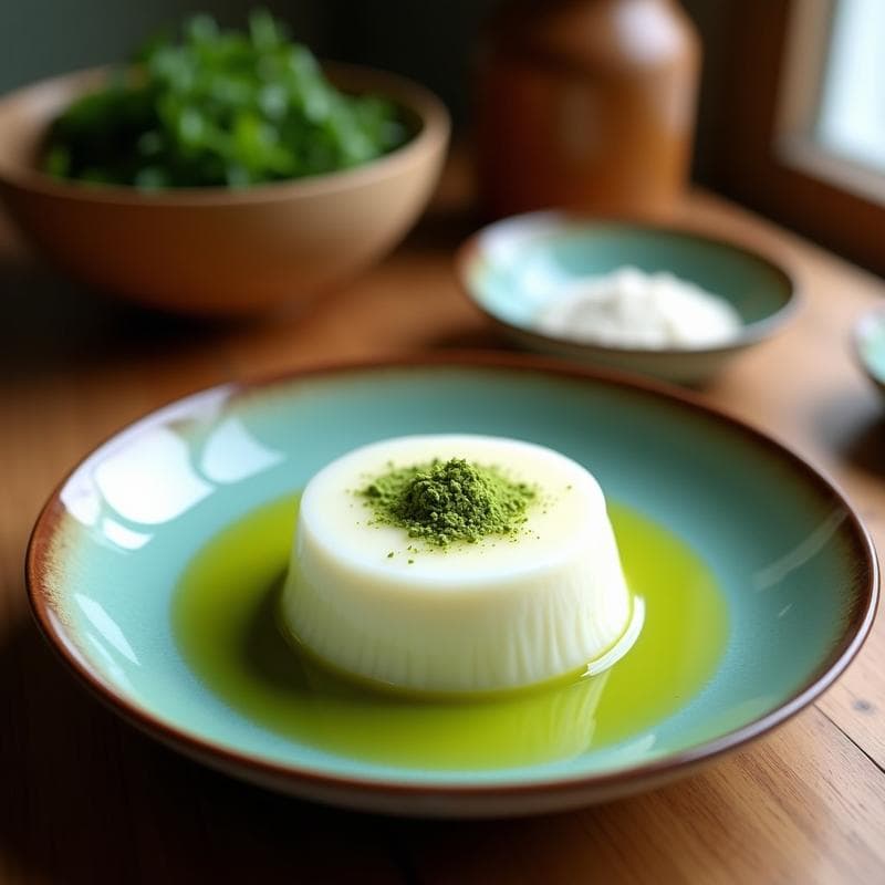 Copas transparentes con Panna Cotta de Matcha en capa verde claro y Gelée de Maracuyá amarilla brillante, postre japonés sin lácteos servido en bandeja de madera con hojas de menta.