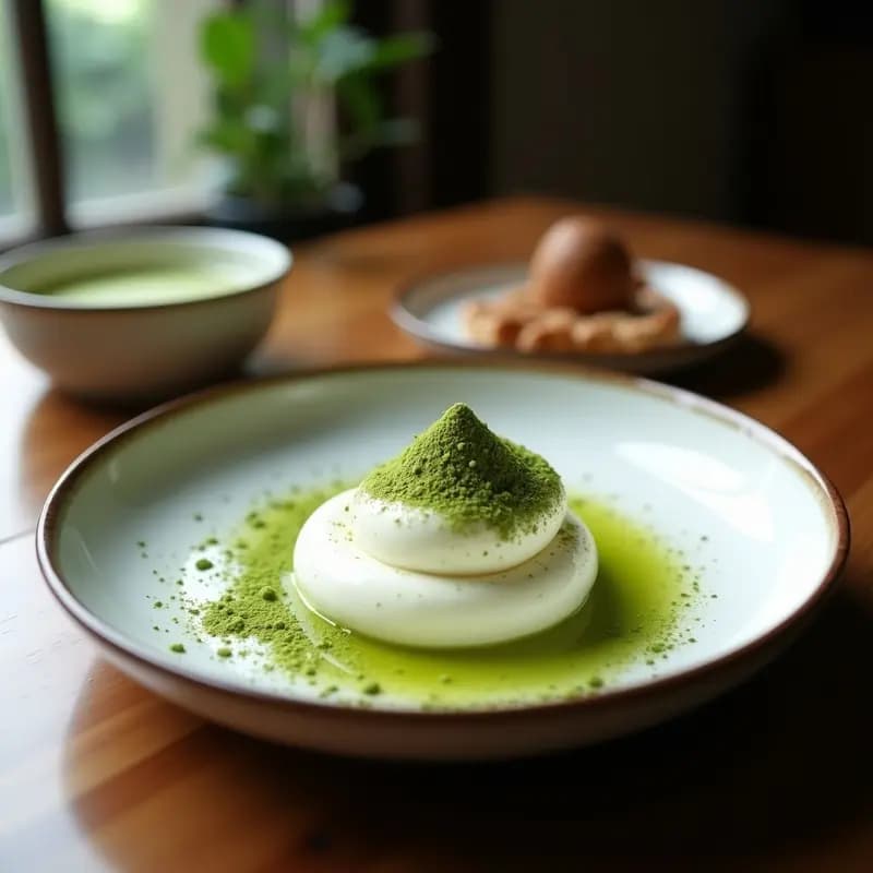 Panna cotta cremosa de color verde suave servida en copa de cristal con salsa de mango amarilla brillante y semillas de sésamo tostadas espolvoreadas, postre japonés elegante y refrescante.