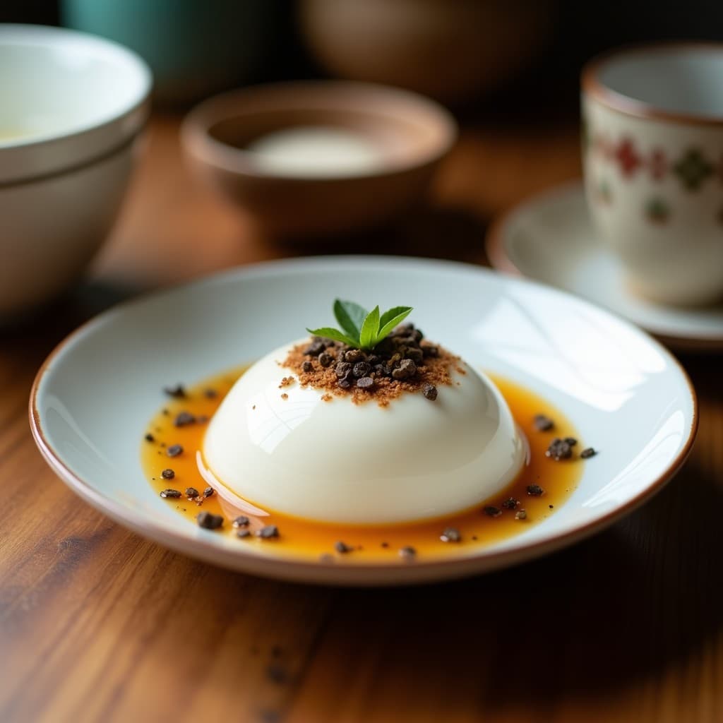 Panna cotta vegana de té chai en copas de cristal transparente, con capas cremosas color beige, bañada en sirope de dátiles oscuro y espolvoreada con pistachos verdes picados. Presentación elegante sobre fondo rústico.