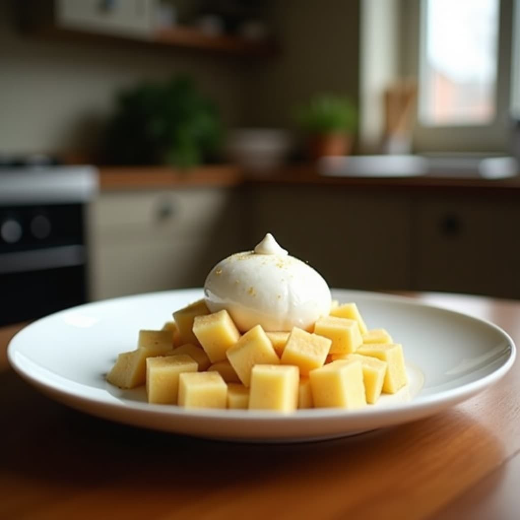 Panna Cotta de Vainilla y Cúrcuma con Compota de Higos: postre antiinflamatorio sin lácteos. Copa de cristal con panna cotta cremosa de color amarillo dorado, coronada con compota de higos brillantes y semillas de sésamo. Fondo rústico con hojas de menta.