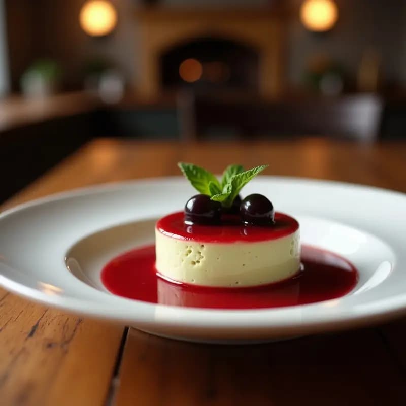 Pannacotta de matcha vegana y sin lactosa en copa de cristal transparente, con capas cremosas de color verde pálido, bañada en coulis de frutos rojos brillante y decorada con frambuesas frescas y un toque de matcha en polvo.