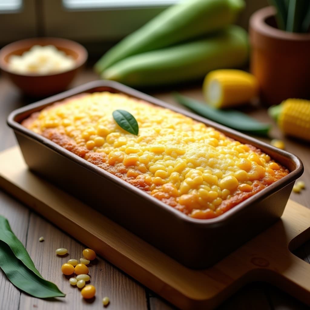 Panqué dorado y esponjoso de elote y queso cotija en molde rectangular, con costra crujiente de queso derretido, servido sobre tabla de madera rústica con hojas de epazote y rodajas de elote fresco.