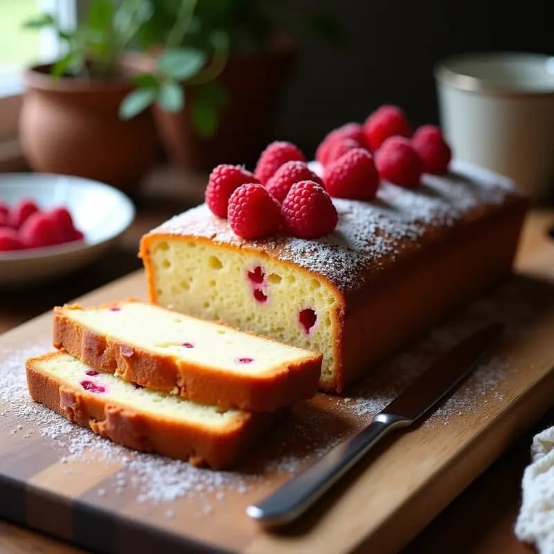 Panqué de harina de almendra y frambuesas sin gluten y sin azúcar, esponjoso y dorado, con frambuesas frescas en la superficie y un trozo cortado mostrando su migaja húmeda. Postre francés saludable sobre una tabla de madera rústica.