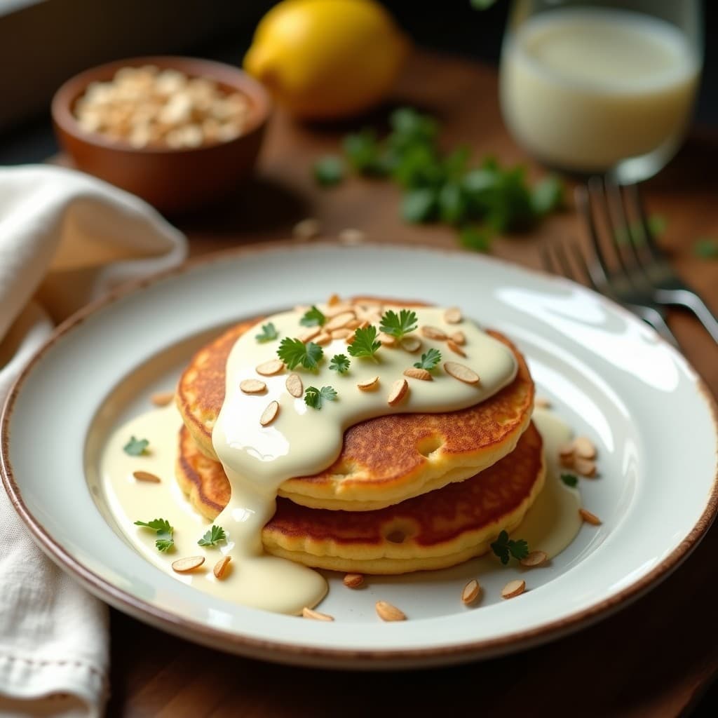 Plato blanco con panquecas doradas de harina de garbanzo apiladas, cubiertas con crema de espárragos blancos cremosa, almendras fileteadas tostadas y perejil fresco picado. fondo rústico con servilleta de lino y rodaja de limón.