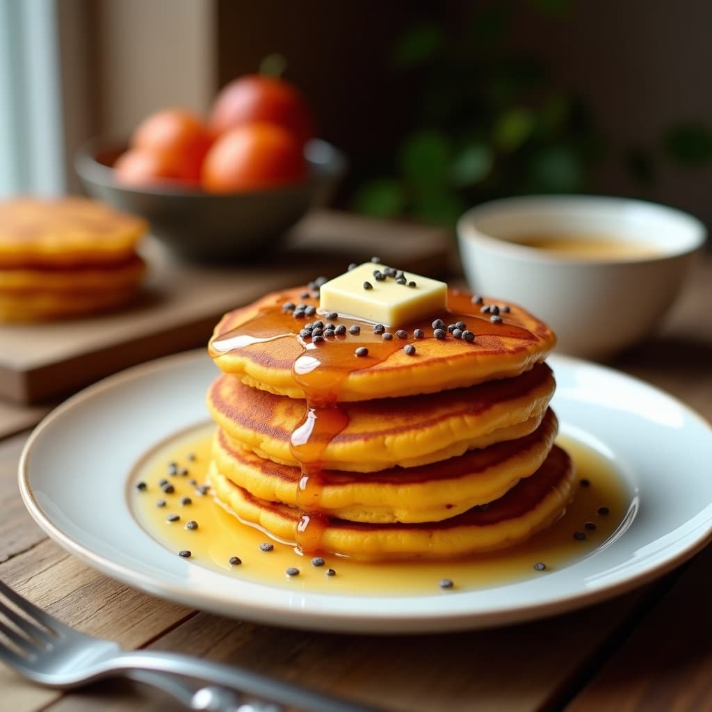 Panqueques dorados y esponjosos de harina de almendra y puré de boniato, apilados en un plato blanco con un chorrito de sirope de eritritol y semillas de chía espolvoreadas. Receta keto sin lácteos cocinada en airfryer, con textura crujiente por fuera y suave por dentro.