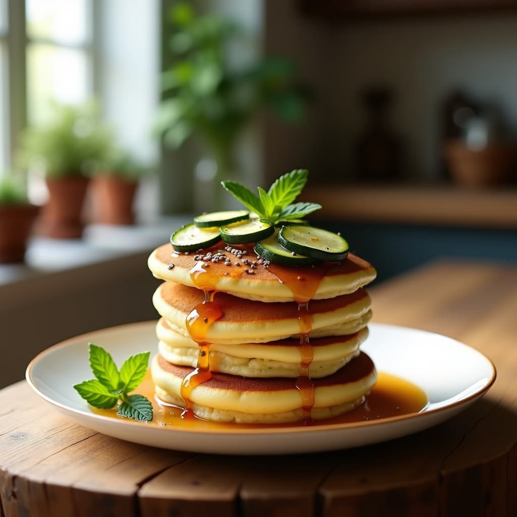 Stack de panqueques dorados de harina de almendra y zucchini, apilados con sirop de arce vertido por encima, decorados con semillas de chía y rodajas de zucchini salteado. Plato blanco sobre fondo rústico de madera con luz natural.