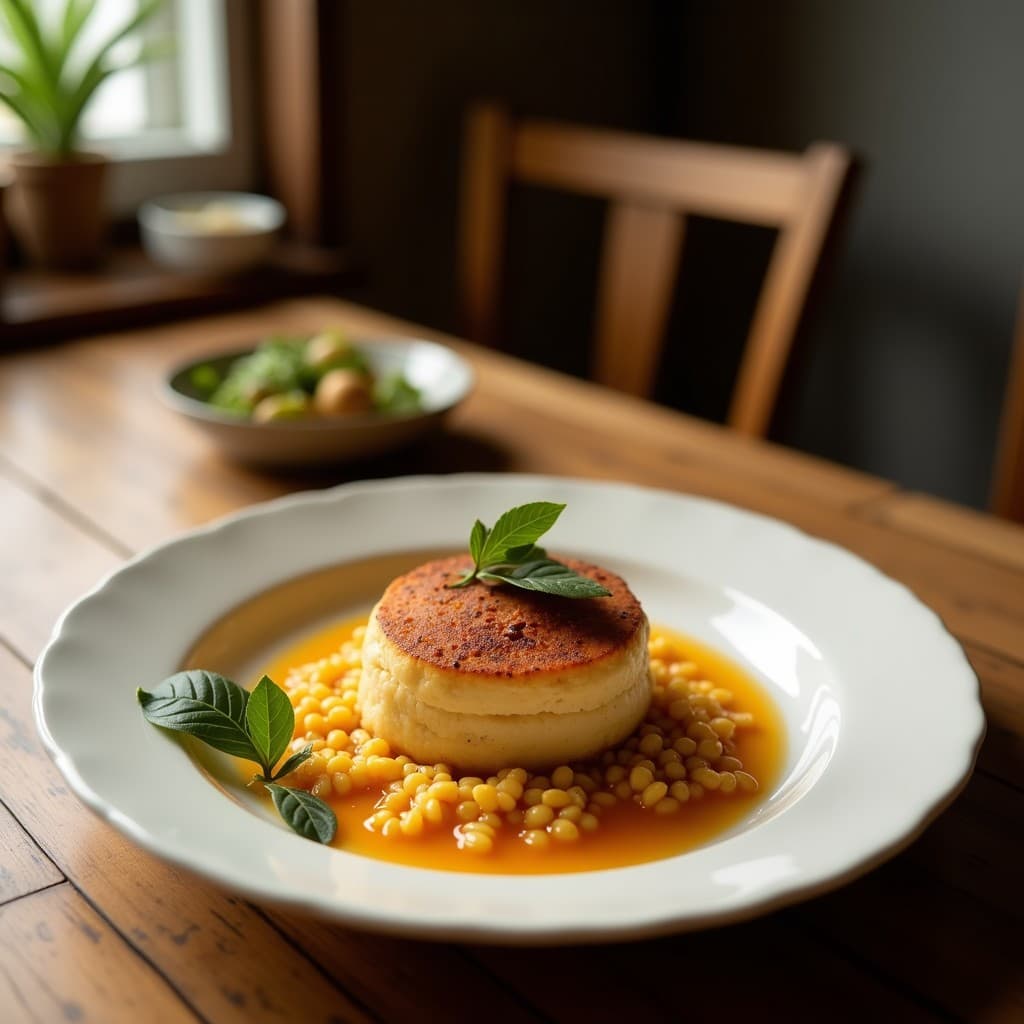 Pila de panqueques dorados de harina de arroz fermentado coreano con arándanos frescos en la superficie, servidos en plato blanco con semillas de chía y un chorrito de miel. Receta sin gluten y vegana.
