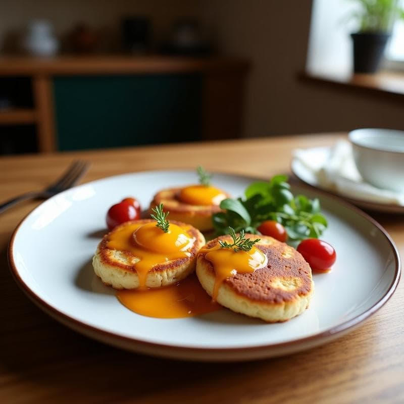 Plato blanco con panqueques dorados de avena y polvo de baobab apilados, cubiertos con compota de ciruela negra brillante y semillas de chía espolvoreadas. Desayuno africano sin gluten, saludable y nutritivo.