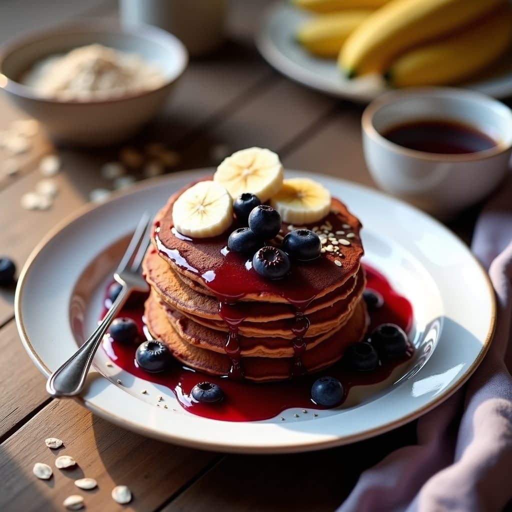 Plato blanco con panqueques morados apilados de avena y batata, cubiertos con compota de arándanos rojos brillante, decorados con semillas de chía y hojas de menta. Desayuno vegano colorido y saludable.