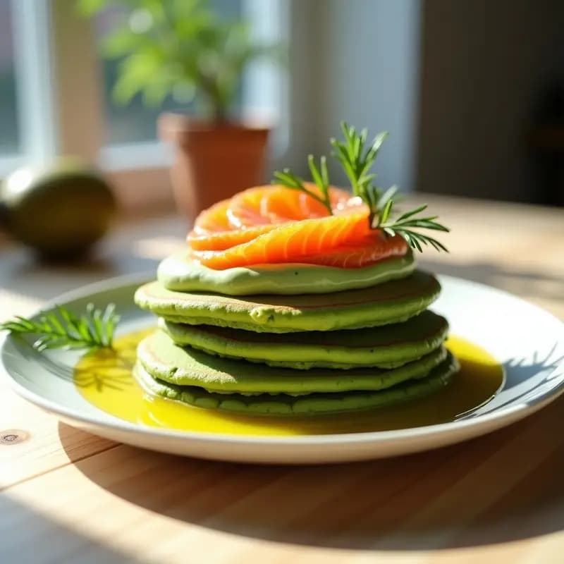 Plato blanco minimalista con panqueques verdes de avena y espirulina apilados en capas, crema de aguacate suave y huevas de salmón naranjas dispuestas en espiral. Decorado con eneldo fresco y un hilo de aceite de oliva. Desayuno superfood colorido y fotogénico.