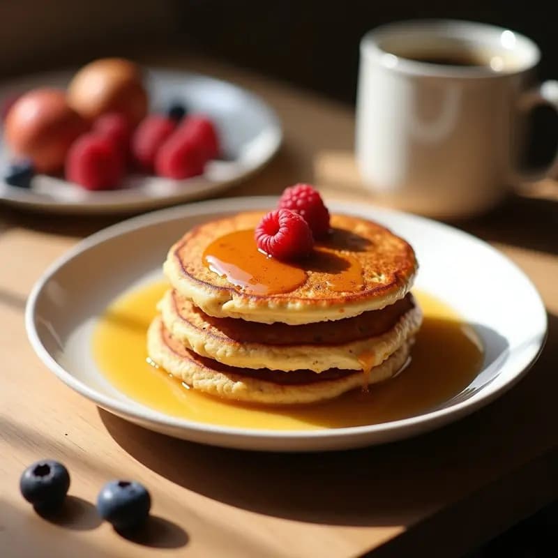 Plato blanco con panqueques dorados de avena y puré de lentejas rojas, apilados y decorados con nueces picadas y rodajas de plátano. Desayuno alto en fibra sin harina, servido con un tenedor de madera y fondo de cocina rústica.
