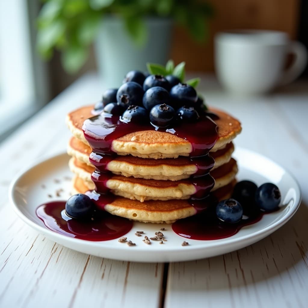 Plato blanco con tres panqueques dorados de avena y proteína, apilados y bañados en una salsa espesa de arándanos de color rojo intenso, decorados con semillas de chía. Desayuno keto y alta en fibra.