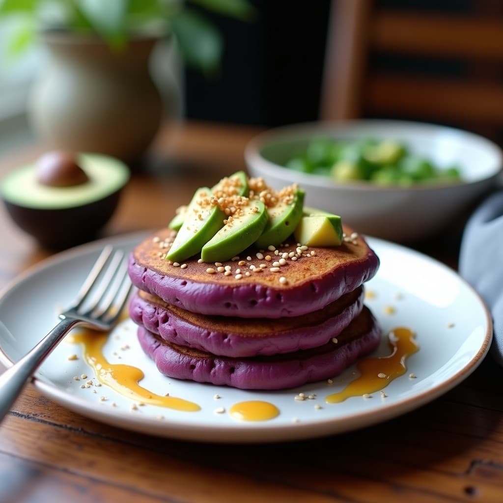 Plato blanco con dos panqueques dorados de batata morada y tahini, apilados y bañados en un hilo de tahini líquido. Acompañados de rodajas de aguacate, semillas de sésamo tostadas y una pizca de canela en polvo. Fondo con textura de madera rústica y tenedor de plata.