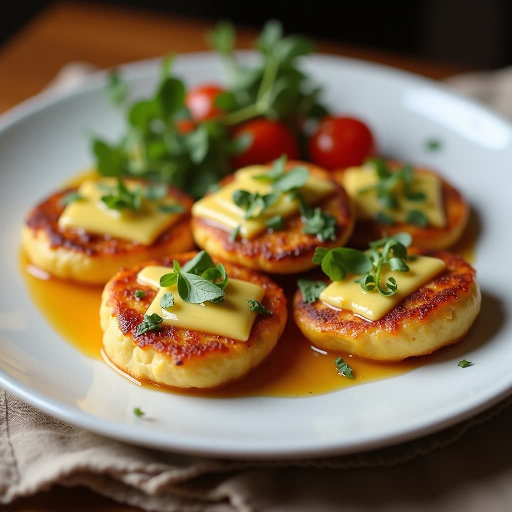 Panqueques dorados y esponjosos de espinaca y queso de cabra servidos en un plato blanco, bañados con salsa de mostaza y miel, decorados con cebollino fresco y virutas de nuez, sobre un fondo rústico de madera. Receta de panqueques de espinaca y queso de cabo con salsa de mostaza y miel en airfryer.