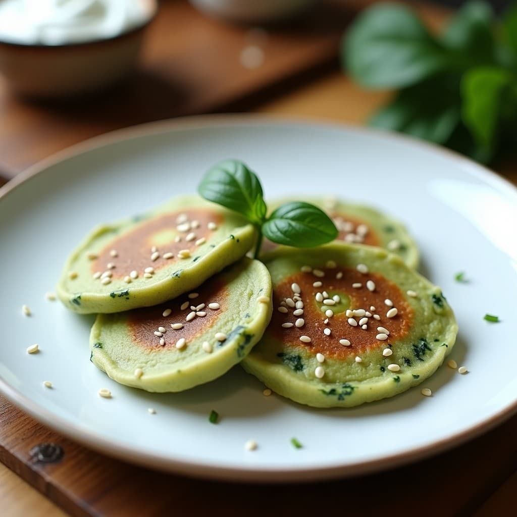 Plato blanco con panqueques verdes esponjosos de espinaca y requesón de castañas, decorados con semillas de sésamo y cebollino fresco. Desayuno vegano sin harina en Thermomix, alto en proteína.