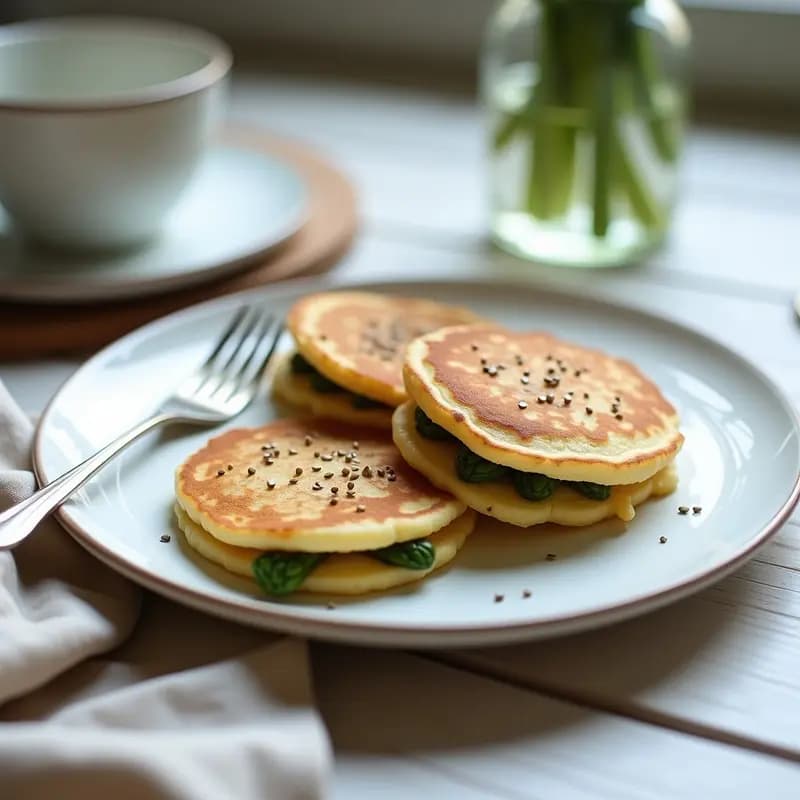 Plato blanco con panqueques dorados de harina de garbanzo y espárragos blancos, espolvoreados con semillas de sésamo, servidos con un tenedor. Receta de desayuno francés en Thermomix.
