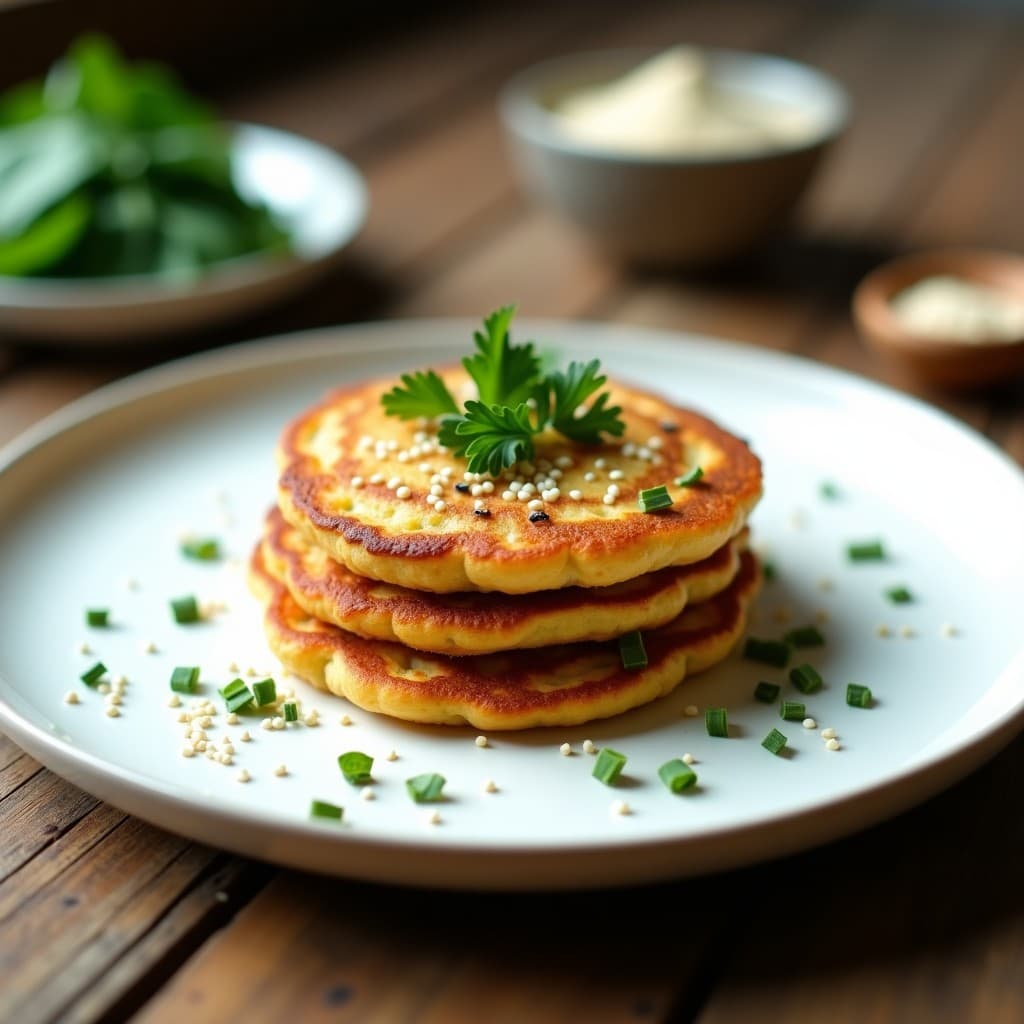 Plato blanco con tres panqueques dorados de garbanzo y espinacas, apilados y decorados con semillas de sésamo tostadas y perejil fresco. Fondo de cocina rústica con espinacas frescas y harina de garbanzo alrededor.