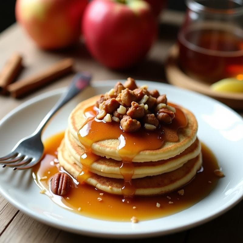 Plato blanco con panqueques dorados de harina de guisante apilados, cubiertos con compota de manzana asada espesa y nueces pecanas. Fondos borrosos de especias y un tenedor de plata. Receta keto en Thermomix.