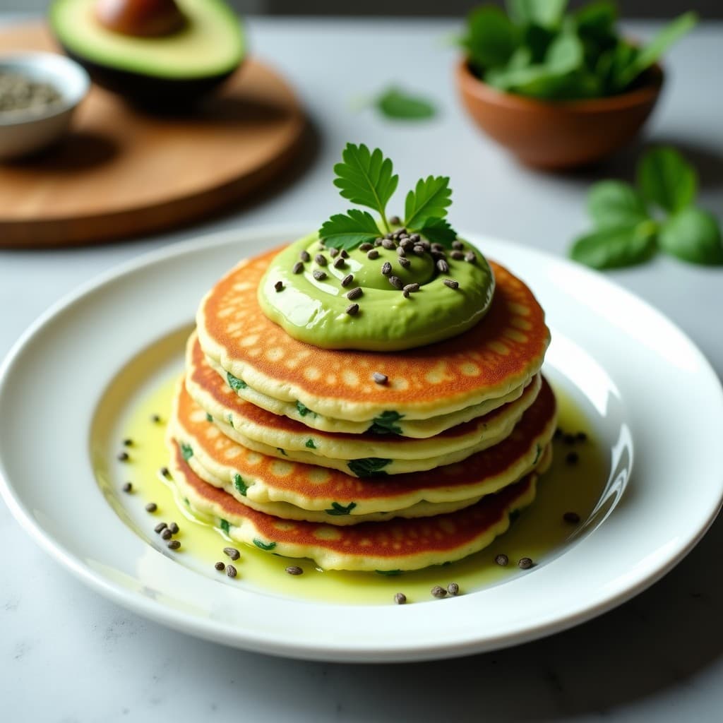 Plato blanco con panqueques dorados de harina de almendra y espinacas, apilados y cubiertos con una crema verde de aguacate cremosa. Decorados con semillas de chía y hojas de espinaca fresca. Fondos borrosos de cocina moderna.