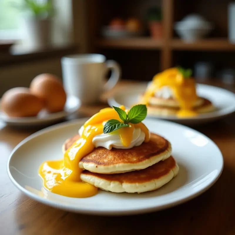 Plato blanco con panqueques dorados de harina de coco apilados, cubiertos con crema de mango amarilla brillante y decorados con rodajas de mango fresco y coco rallado. Desayuno sin gluten y sin lactosa sobre fondo rústico de madera.