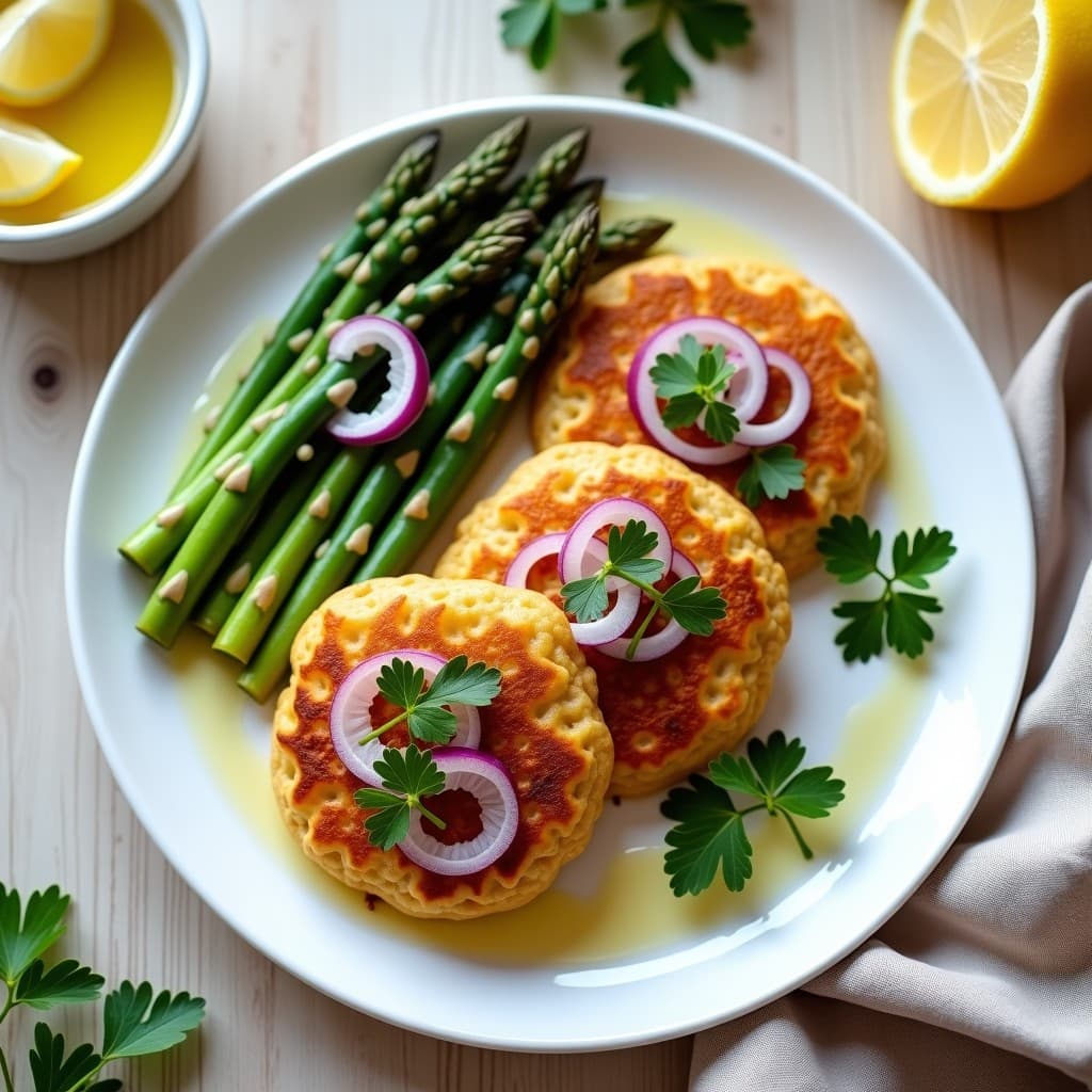Plato blanco con panqueques dorados de harina de garbanzo rellenos de espárragos trigueros salteados y cebolla morada, decorados con perejil fresco y un chorrito de aceite de oliva. Receta vegana y sin gluten para brunch.
