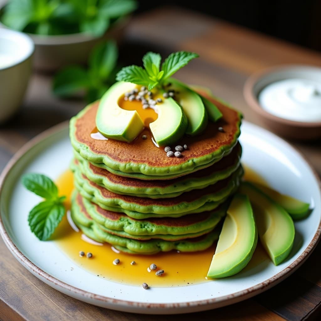 Pila de panqueques verdes esponjosos de harina de guisante y espirulina en Thermomix, servidos en plato blanco rústico con toppings de aguacate, semillas de chía y sirope de arce, fondo de madera clara y hierbas frescas.