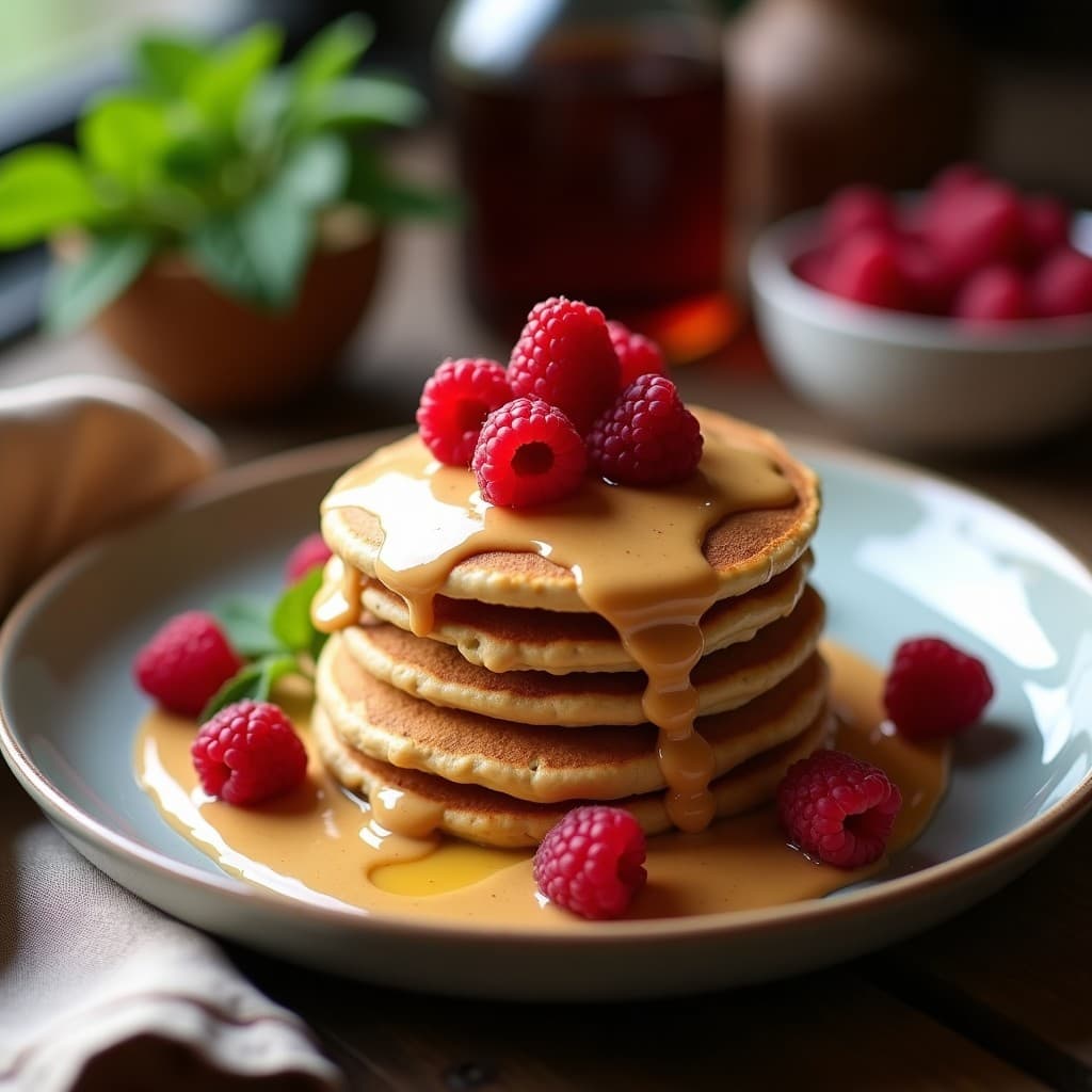 Plato de panqueques dorados de harina de teff apilados con crema de frutos secos tostados y frambuesas frescas, desayuno etíope sin gluten en un fondo rústico de madera.