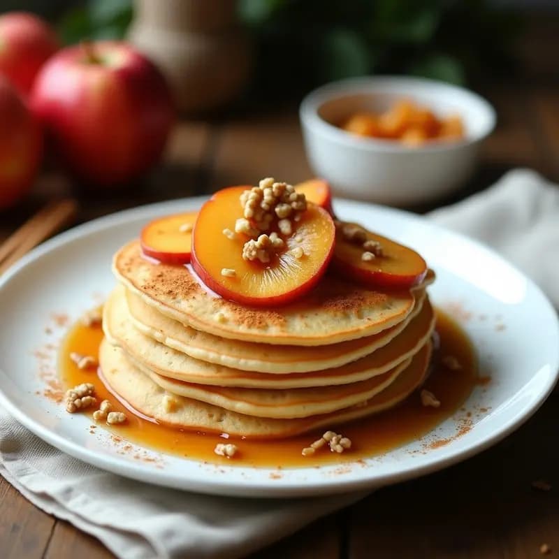 Plato de panqueques holandeses dorados apilados con láminas de manzana caramelizada y canela, decorados con nueces picadas, servidos en un plato de cerámica blanca sobre una mesa de madera rústica.