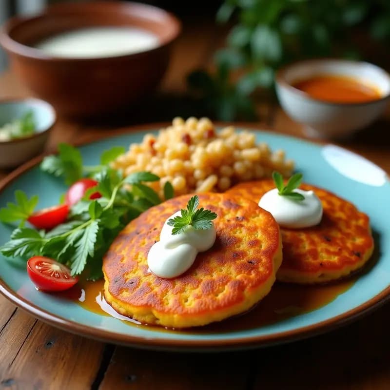 Plato blanco con panqueques dorados de lentejas rojas apilados, bañados en crema de coco blanca y salsa de tamarindo marrón, decorados con cilantro verde y semillas de sésamo, receta indio sin harina.
