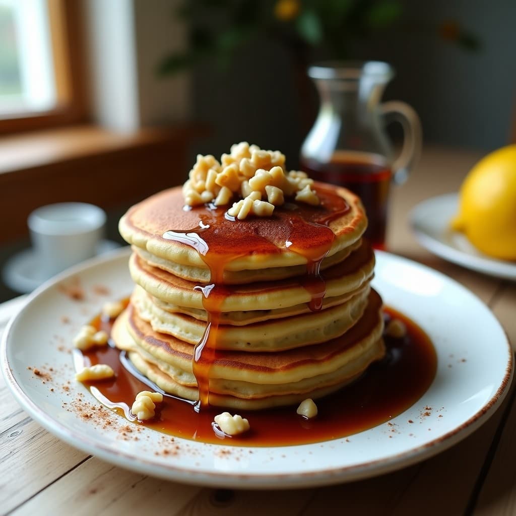 Pila de panqueques dorados de mijo y plátano macho servidos en un plato blanco rústico, bañados con sirope de dátiles oscuro y decorados con nueces picadas. Desayuno sin gluten, esponjoso y saludable.